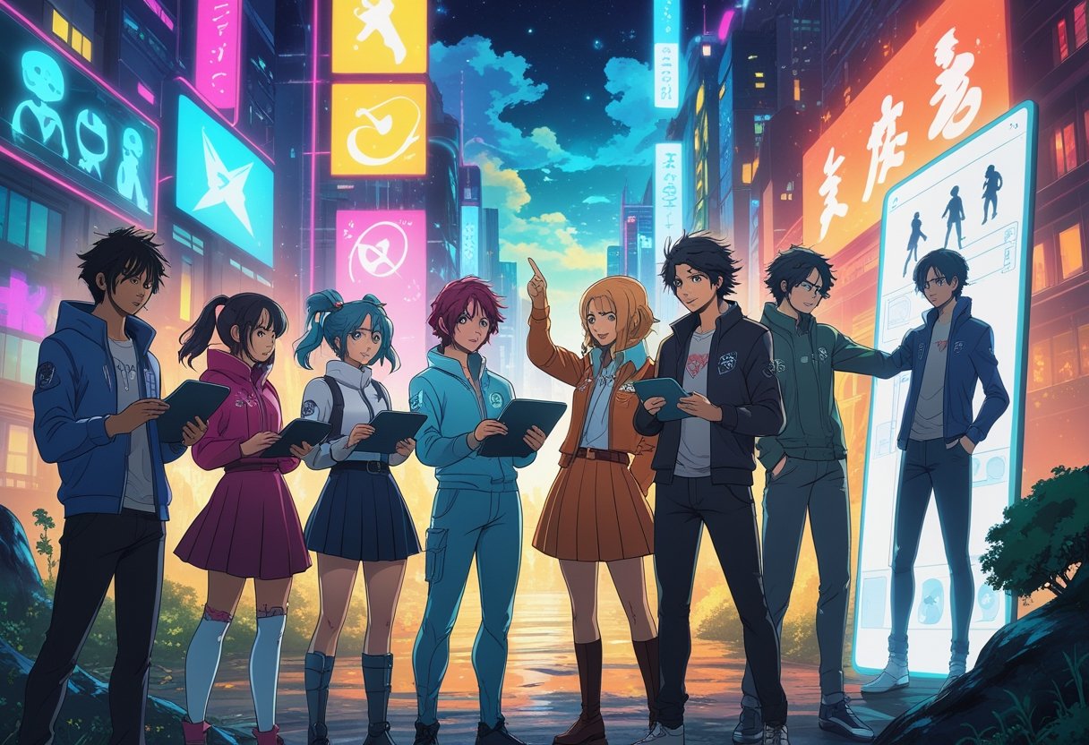 مجموعة من الشباب في ملابس مستقبلية وخيالية يتفاعلون في مشهد يجمع بين مدينة حديثة ومناظر طبيعية سحرية، مع شاشات هولوجرام تعرض رموزًا وشخصيات أنمي.