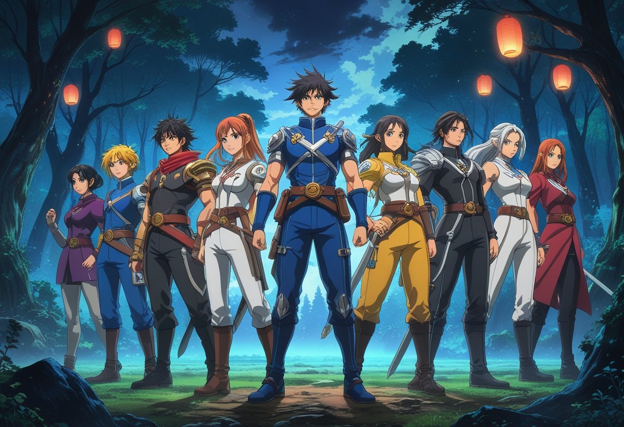 مجموعة من عشرة محاربين شباب يقفون بثقة في غابة سحرية، يرتدون ملابس وأسلحة متنوعة، مع خلفية طبيعية مضيئة وأجواء مغامرة.
