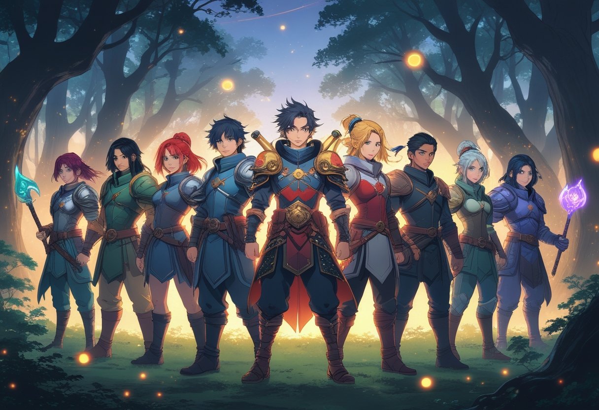 مجموعة من عشرة محاربين شباب يقفون بثقة في غابة غامضة، يرتدون دروعًا وأسلحة فريدة، مع أجواء غروب شمس ساحرة وأضواء متوهجة تحيط بهم.