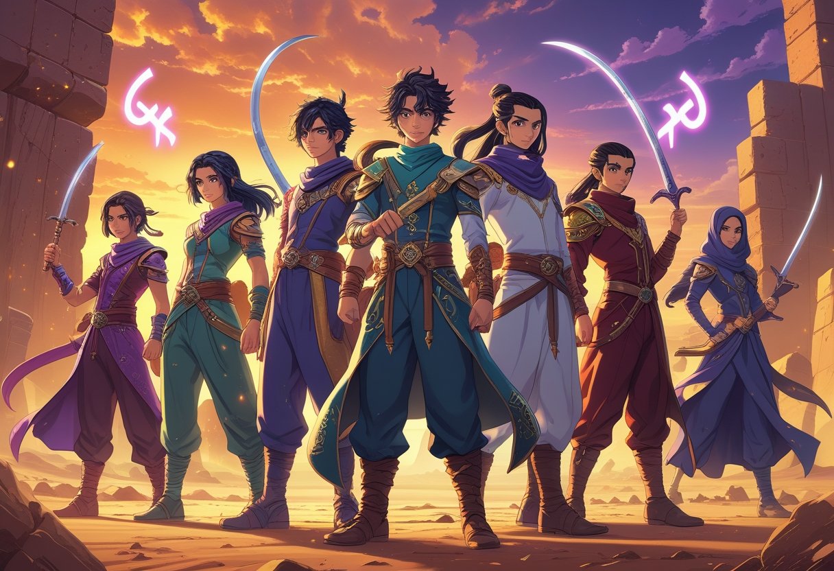 مجموعة من الأبطال الشباب يقفون معًا في صحراء غامضة عند الغروب، يرتدون ملابس تقليدية مزينة بعناصر خيالية ويحملون أسلحة مختلفة، مع آثار أثرية ورموز سحرية حولهم.